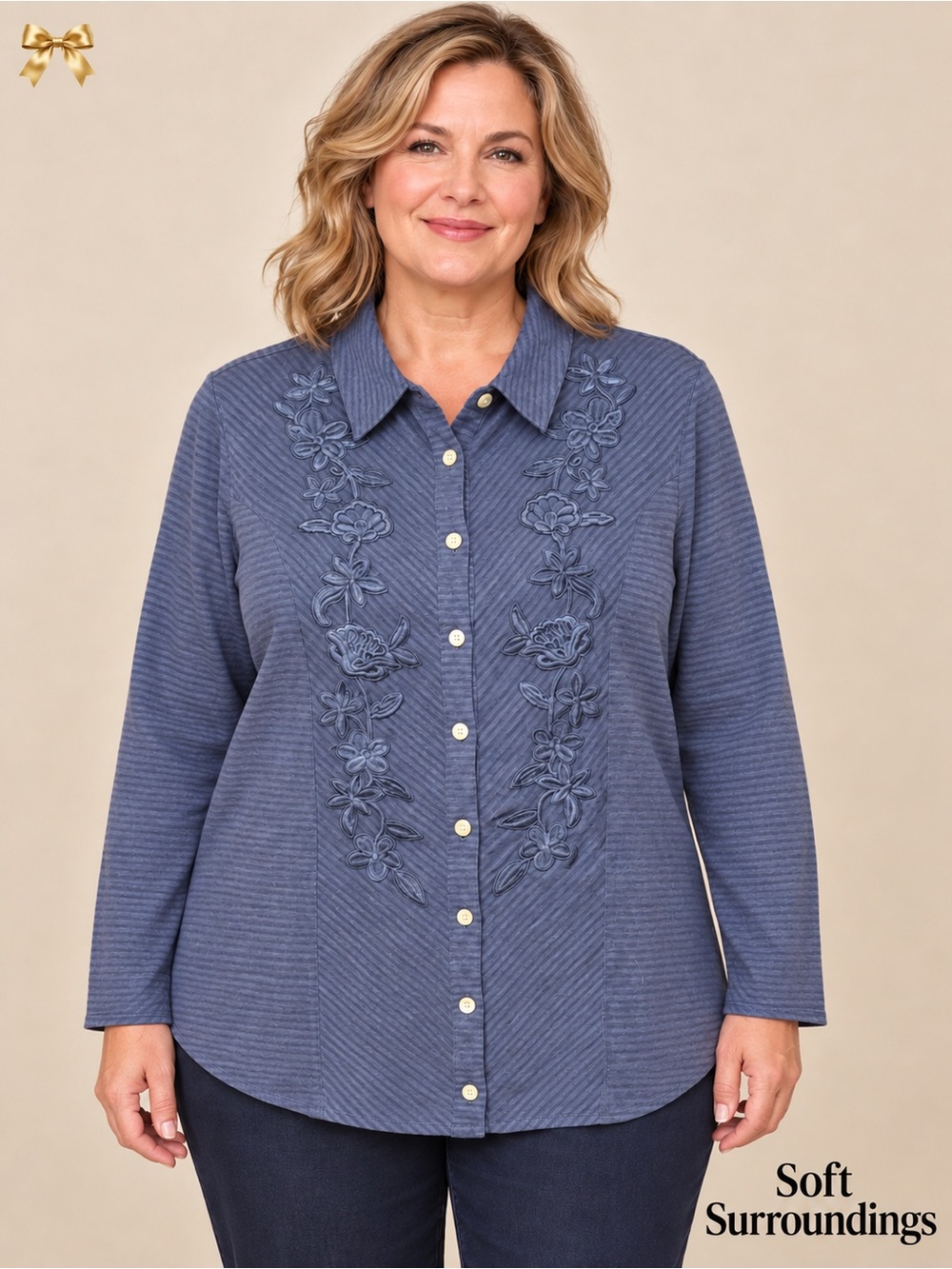 Soft Surroundings XL Embroidered Striped Cotton Button Down Shirt Blue Purple